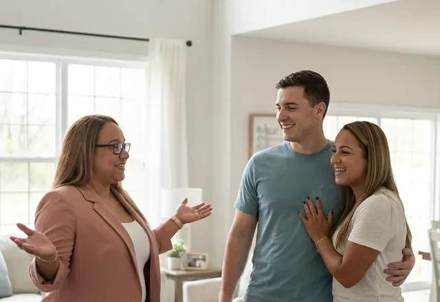Iris Alfaro with buyers reviewing a home